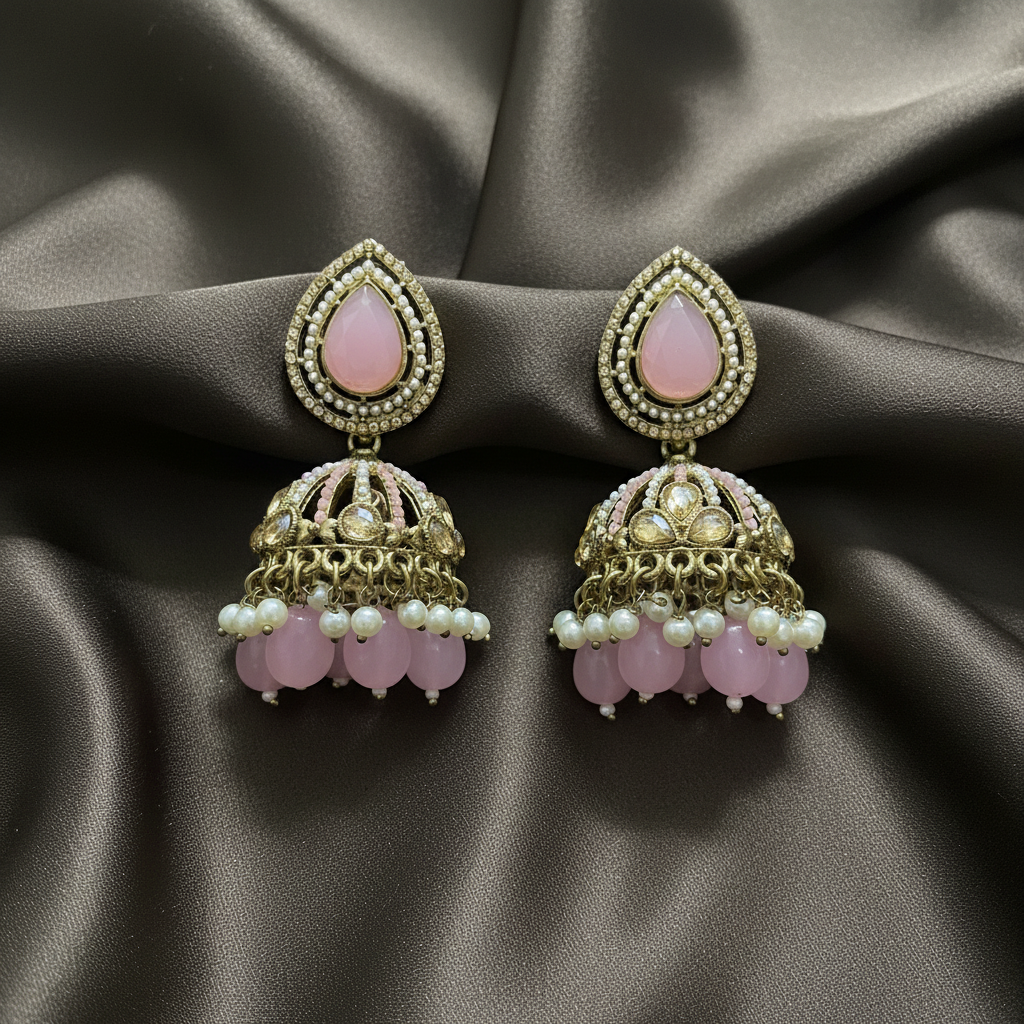 Pink Kundan Pearl Jhumka Earrings