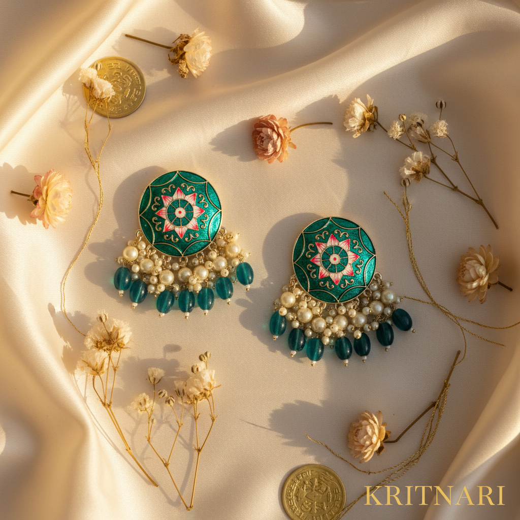 Teal Meenakari Chandbali Earrings - Flat Lay