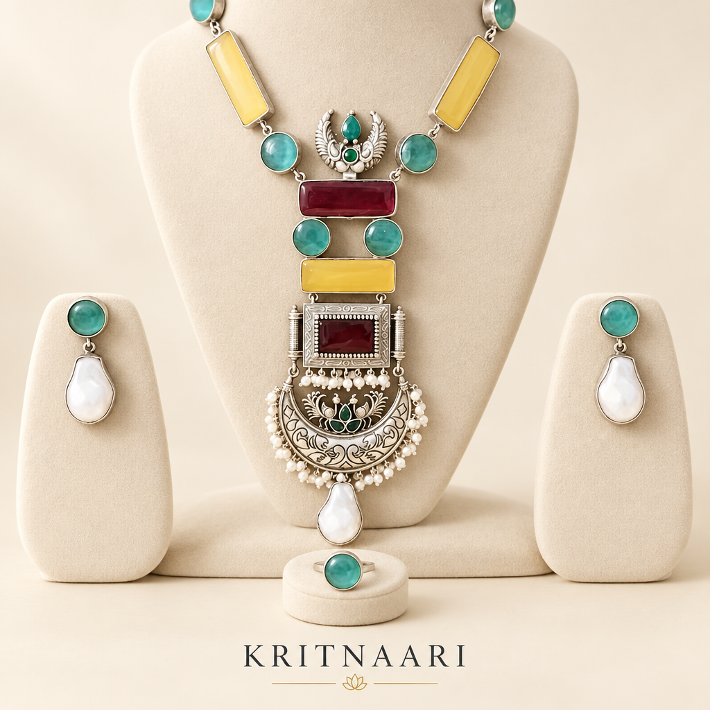Rangtara Multicolour Silver-Tone Necklace Set | KRITNAARI