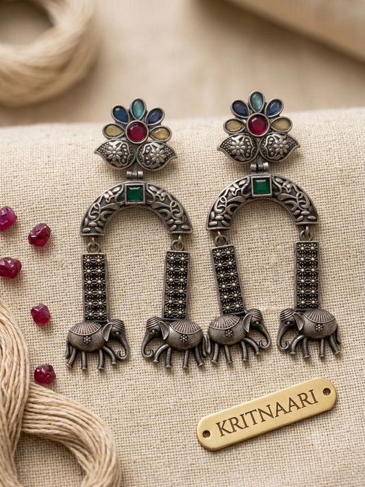 Antique Oxidized Elephant-Motif Dangle Earrings with Stone Embellishments