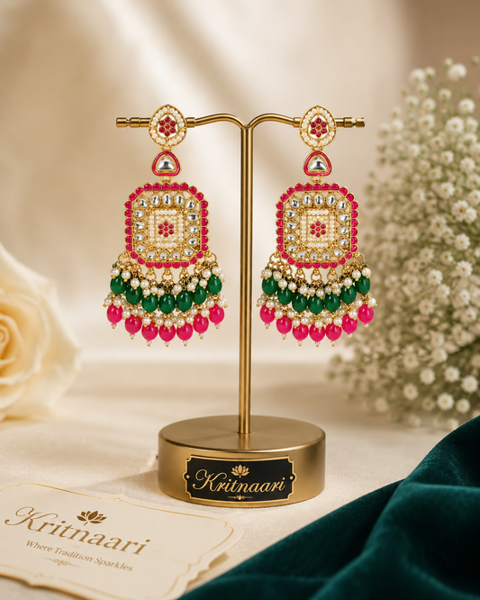 Pink Green Kundan Chandbali Earrings