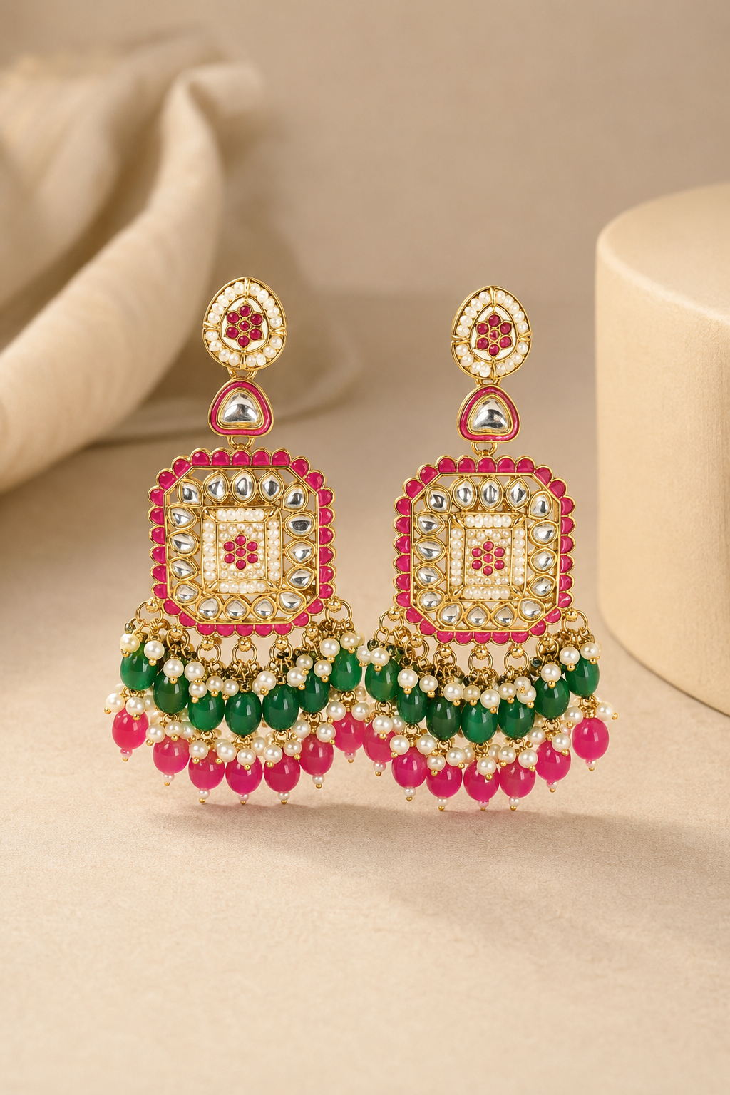 Pink Green Kundan Chandbali Earrings