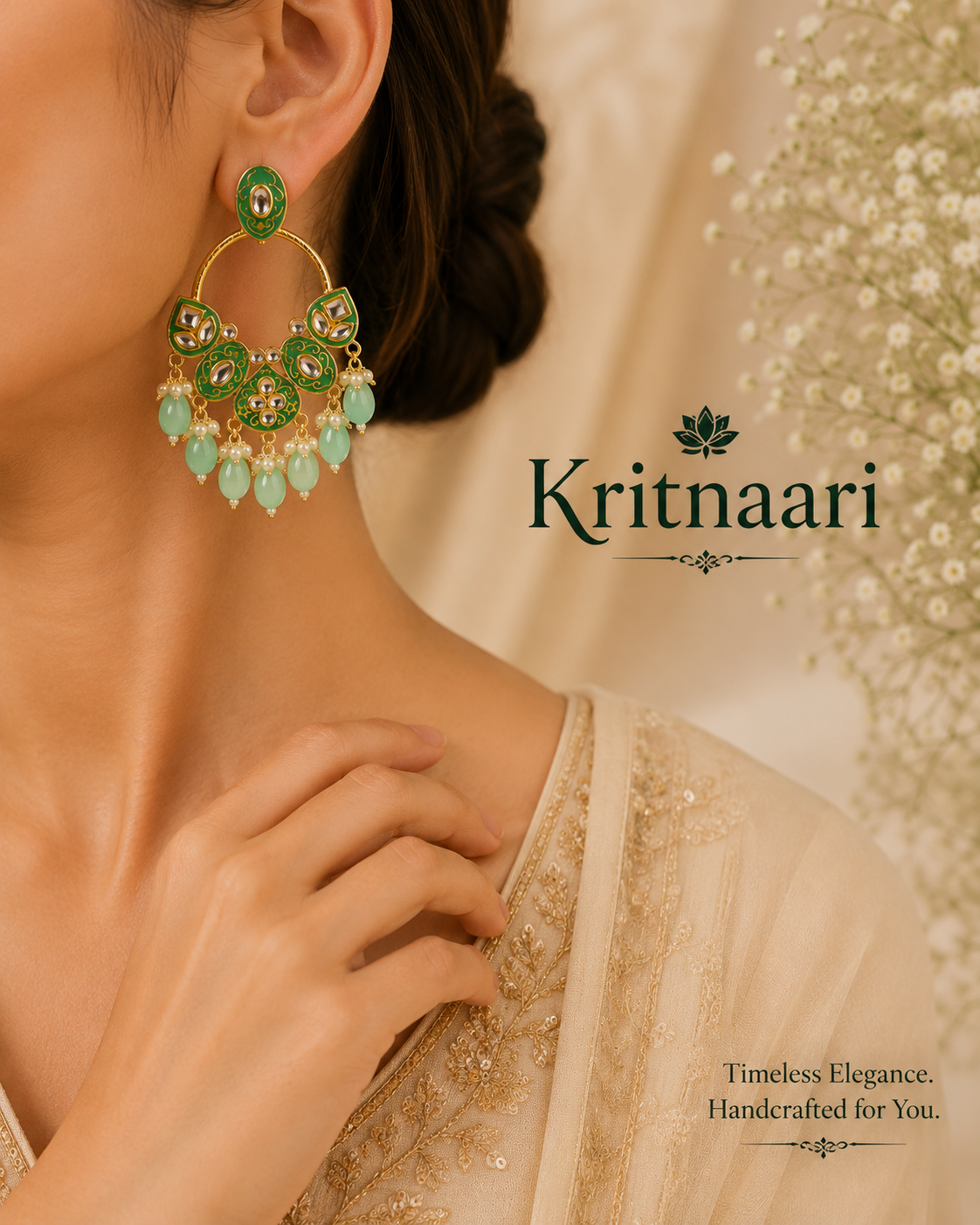 Mint Green Kundan Chandbali Earrings