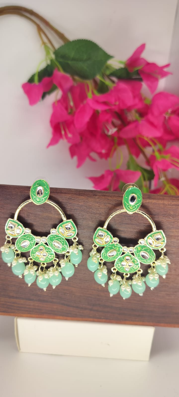 Mint Green Kundan Chandbali Earrings