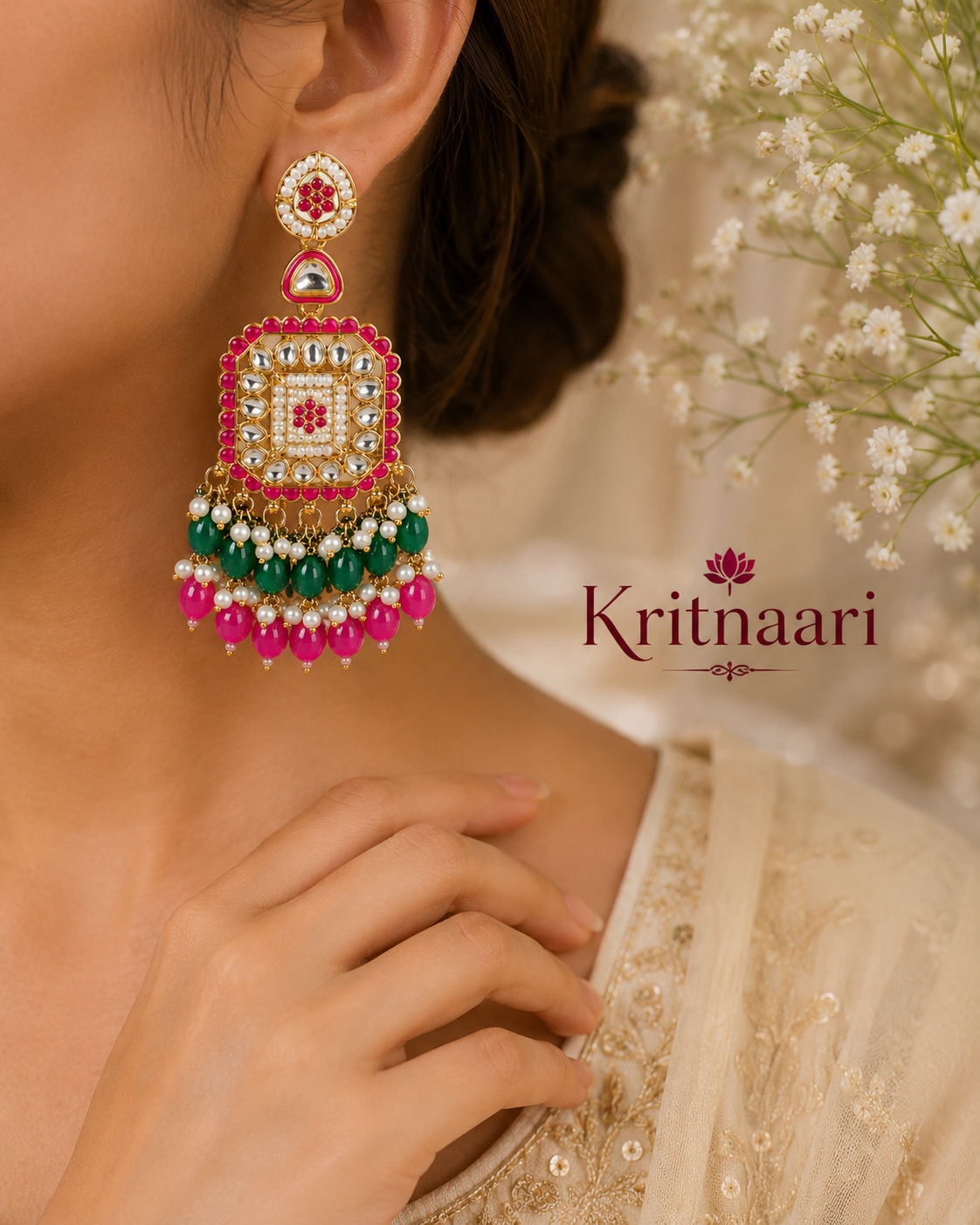 Pink Green Kundan Chandbali Earrings