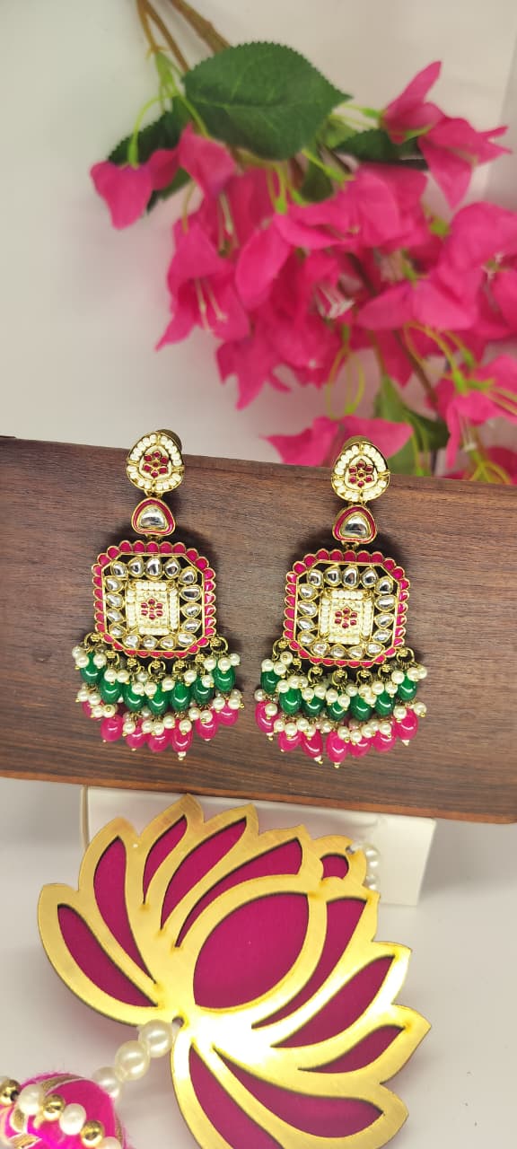 Pink Green Kundan Chandbali Earrings