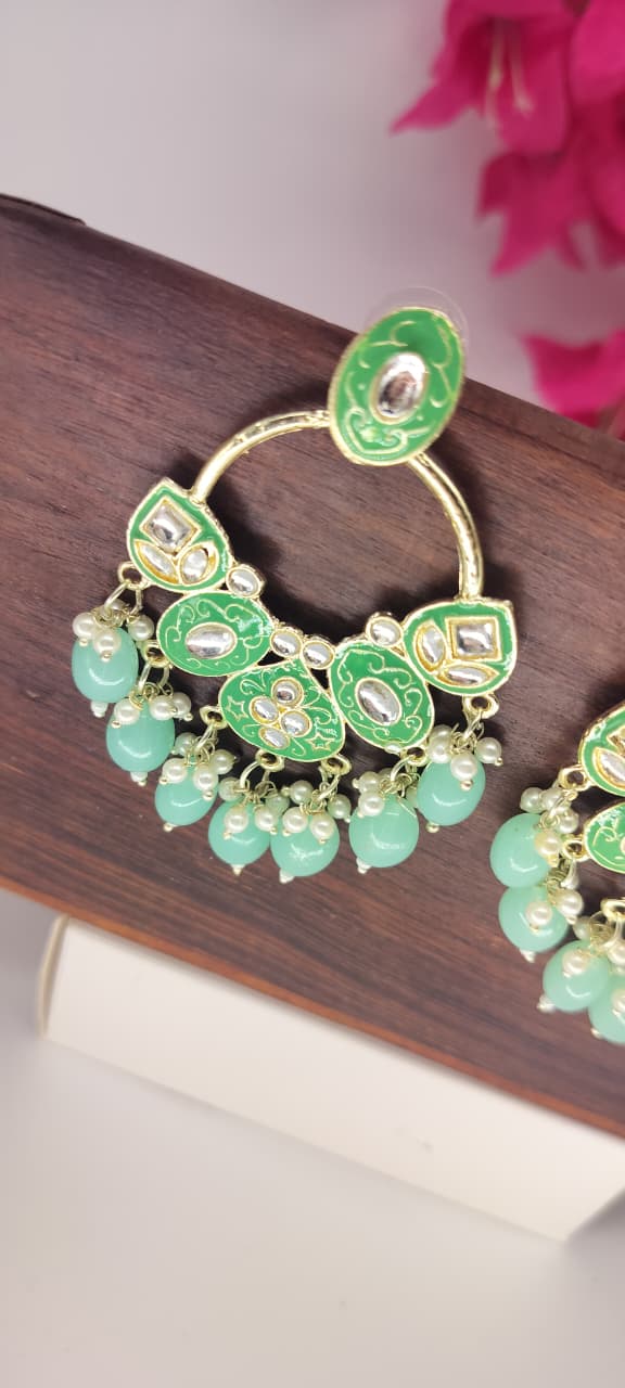 Mint Green Kundan Chandbali Earrings