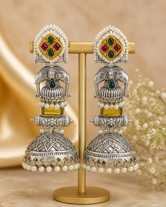 Elephant Heritage Oxidised Jhumka Earrings