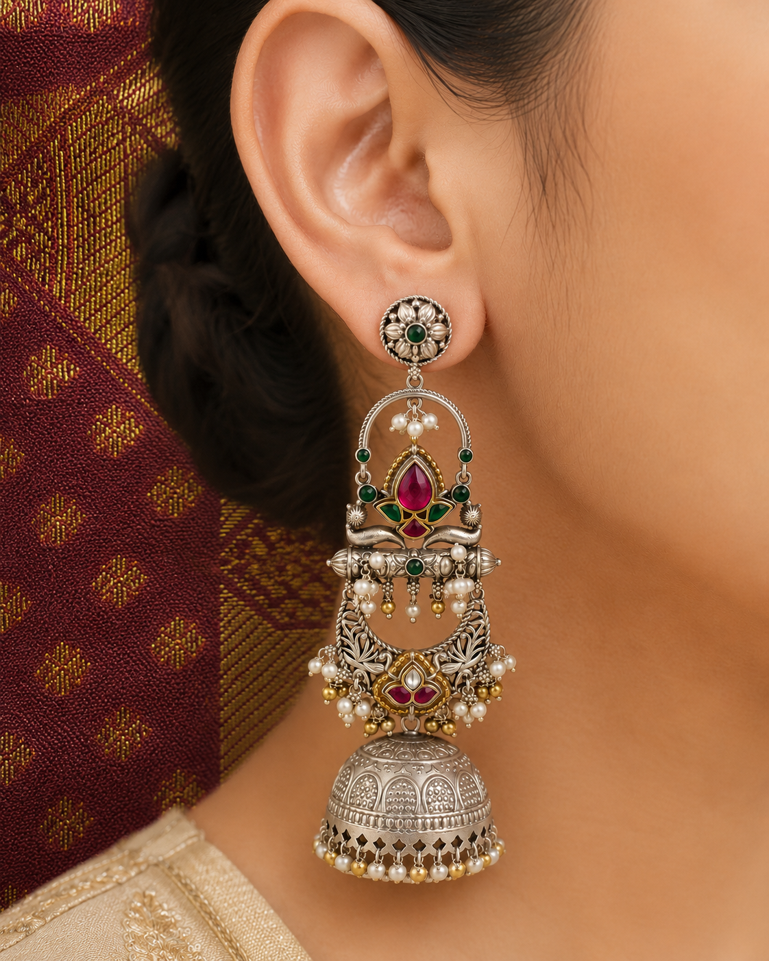 Heritage Lotus Silver Jhumka Earrings