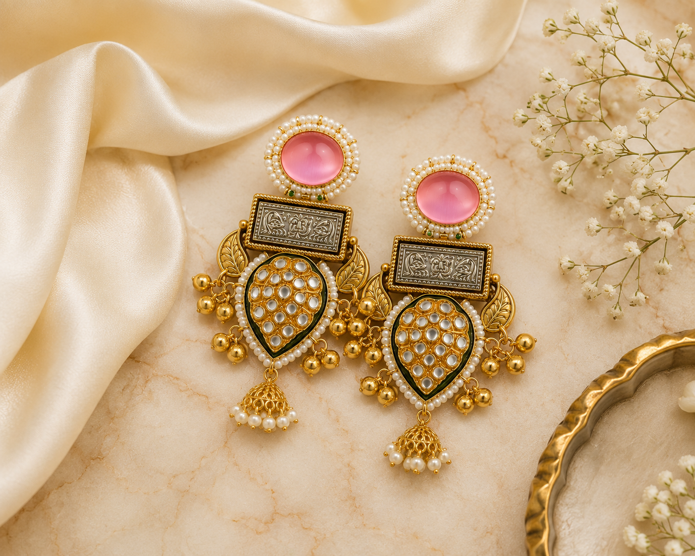 Pink Kundan Pearl Statement Earrings
