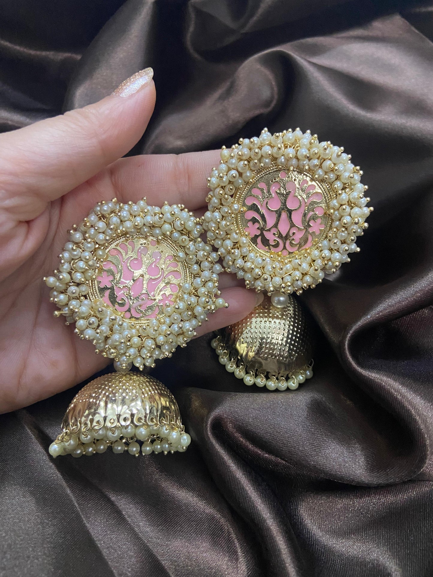 Pink Meenakari Pearl Jhumka Earrings