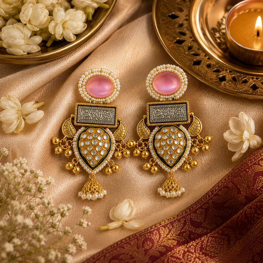 Pink Kundan Pearl Statement Earrings