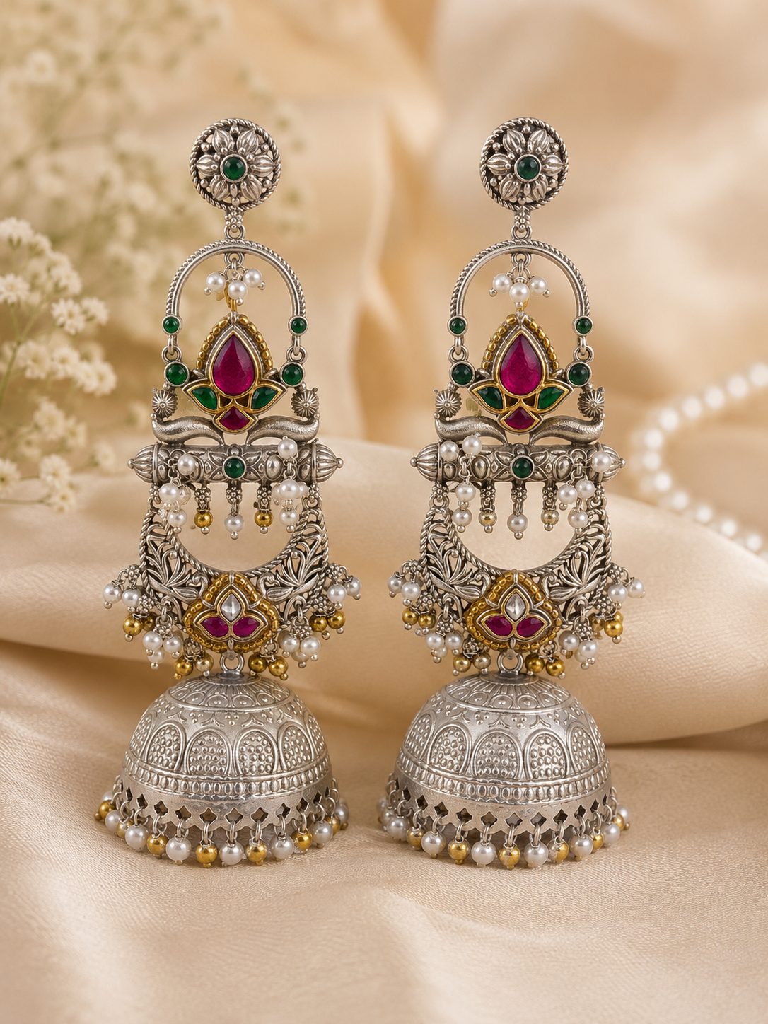 Heritage Lotus Silver Jhumka Earrings