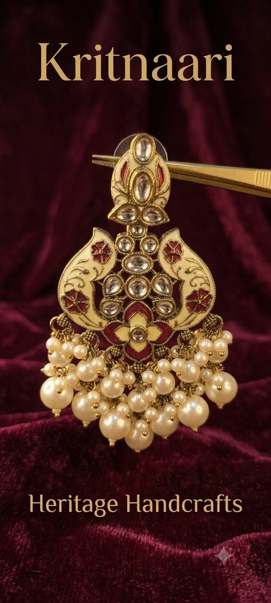 Kritnaari Handcrafted Cream & Crimson Meenakari Kundan Earrings with Pearl Clusters