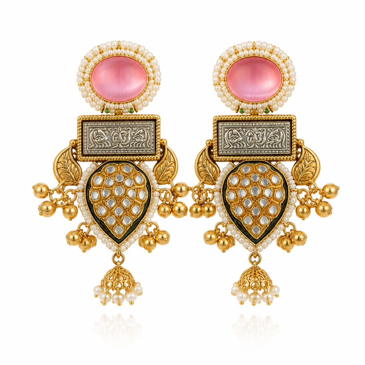Pink Kundan Pearl Statement Earrings