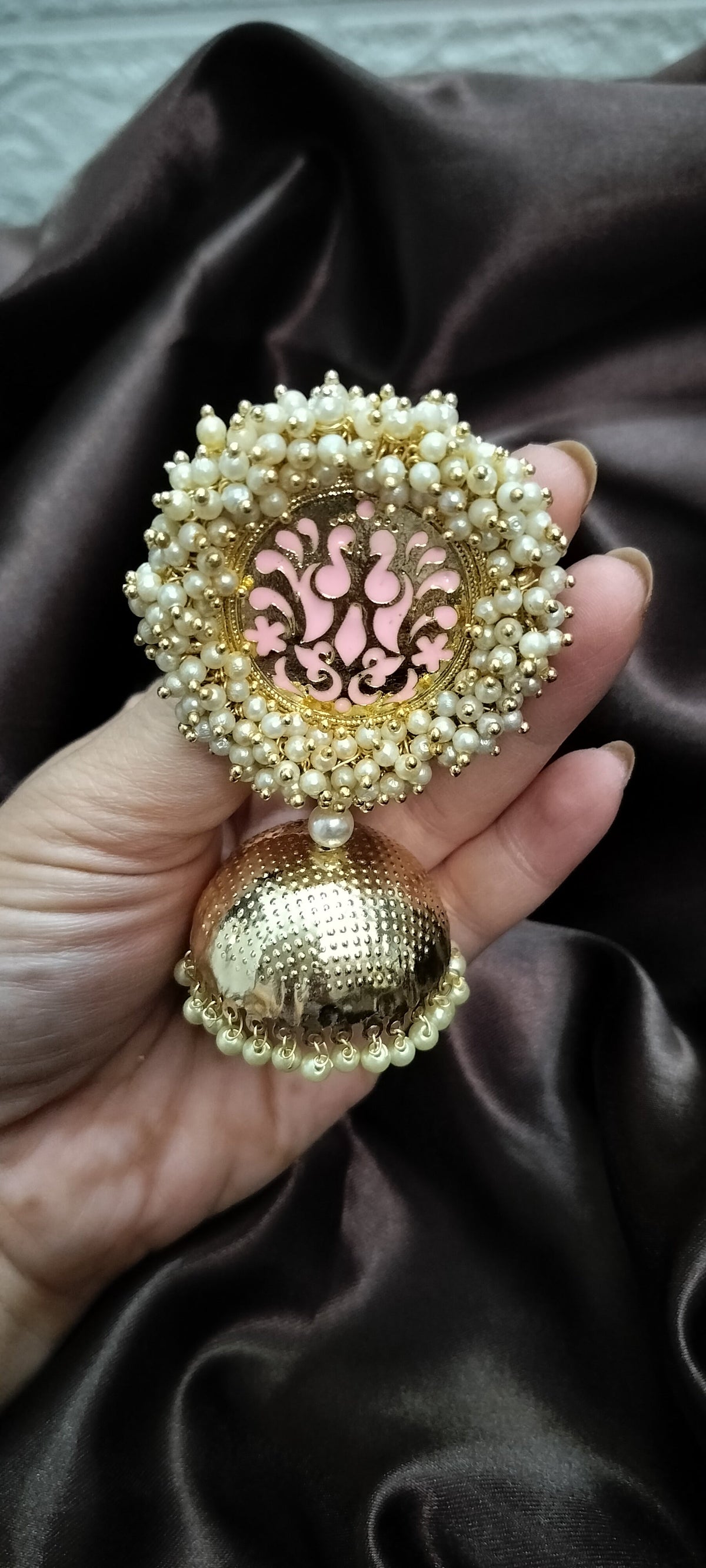 Pink Meenakari Pearl Jhumka Earrings