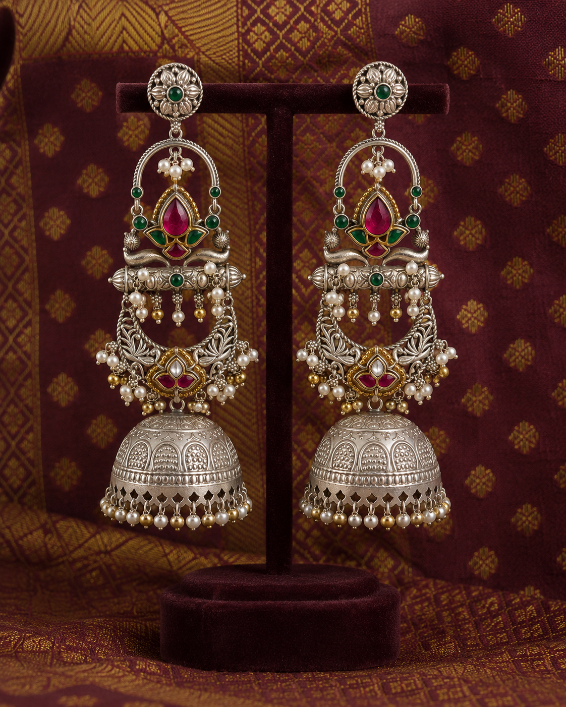 Heritage Lotus Silver Jhumka Earrings