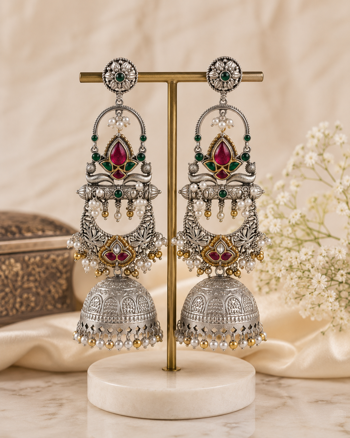 Heritage Lotus Silver Jhumka Earrings