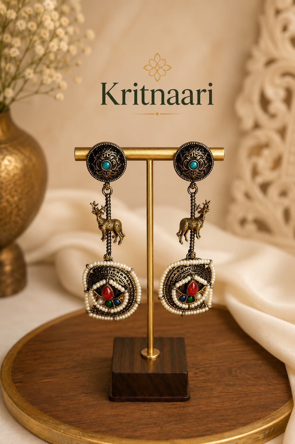 Handcrafted Deer Motif Boho Statement Earrings