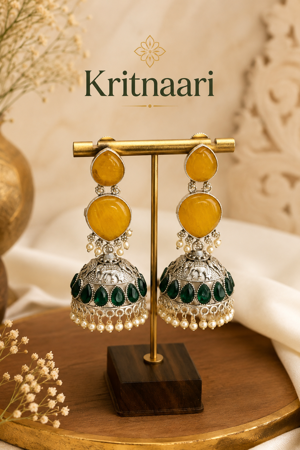Yellow & Green Stone Oxidised Jhumka Earrings