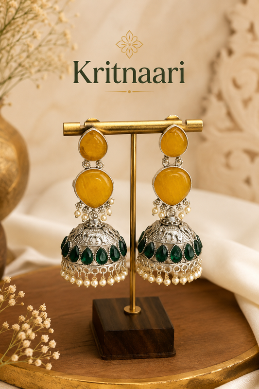 Yellow & Green Stone Oxidised Jhumka Earrings