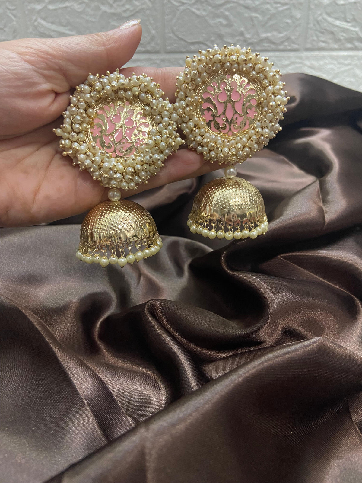 Pink Meenakari Pearl Jhumka Earrings