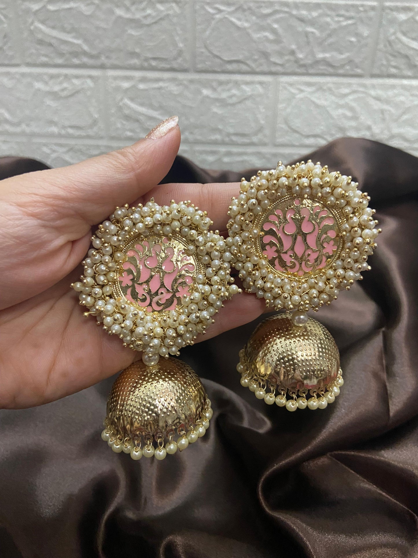 Pink Meenakari Pearl Jhumka Earrings