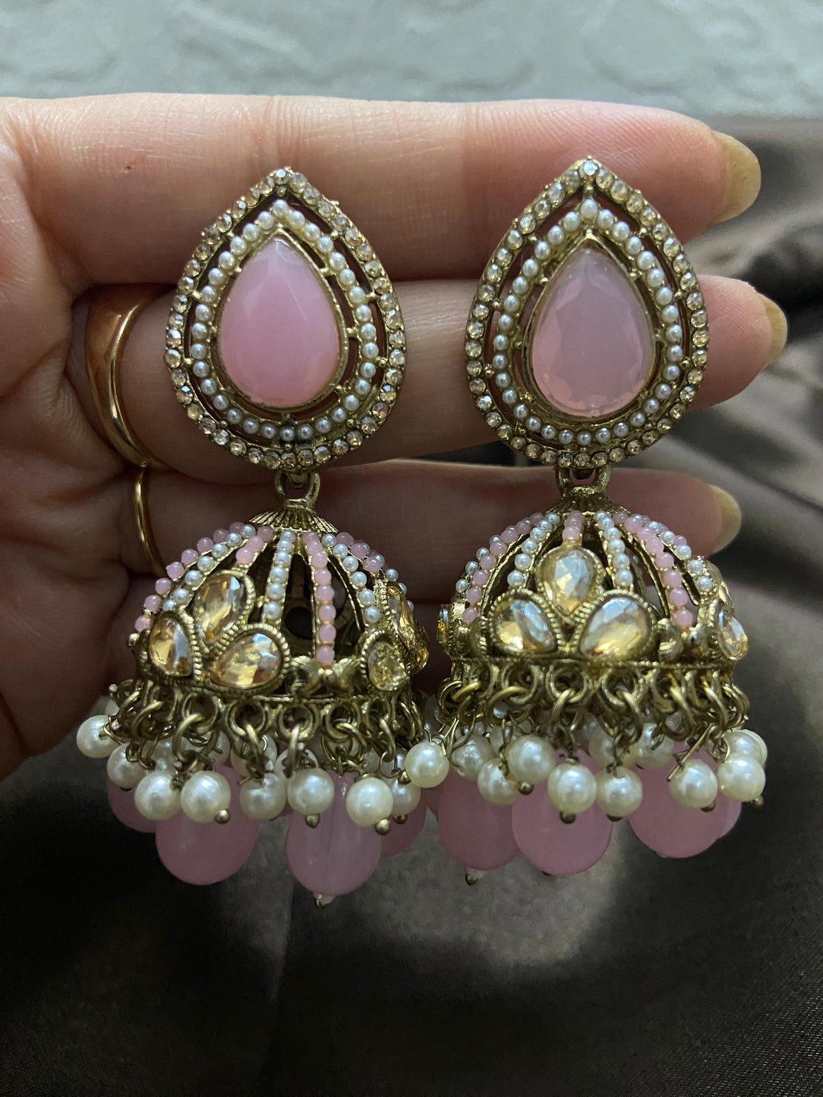 Pink Kundan Pearl Jhumka Earrings