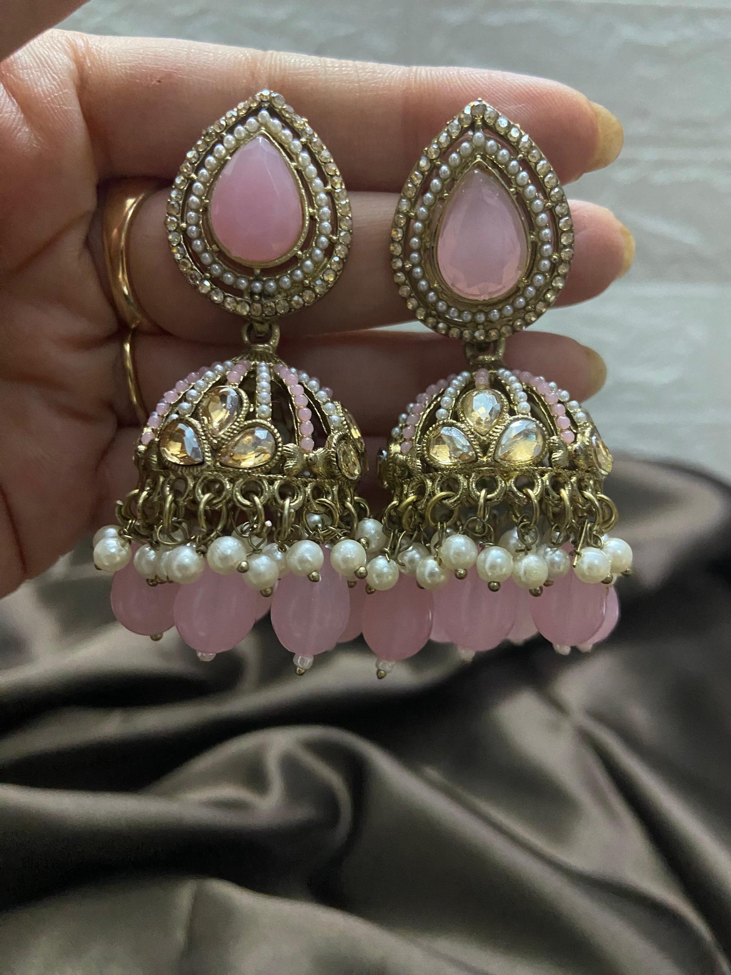 Pink Kundan Pearl Jhumka Earrings