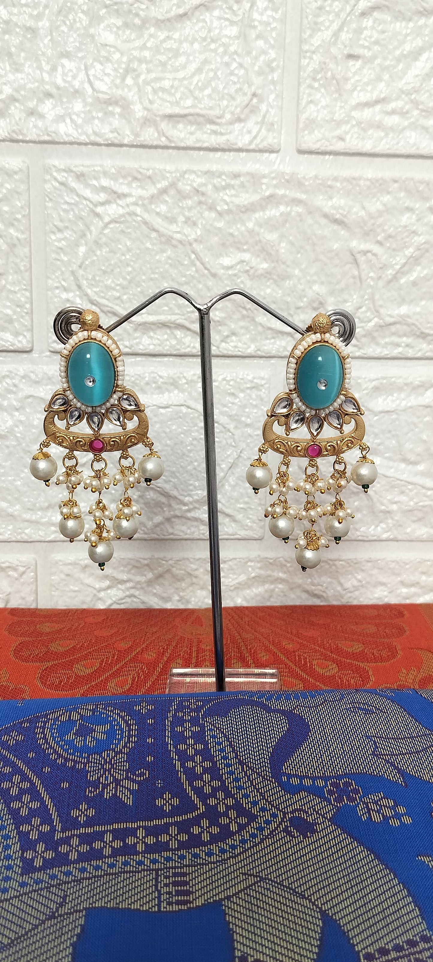 Turquoise Pearl Chandelier Earrings | Antique Gold Ethnic Danglers