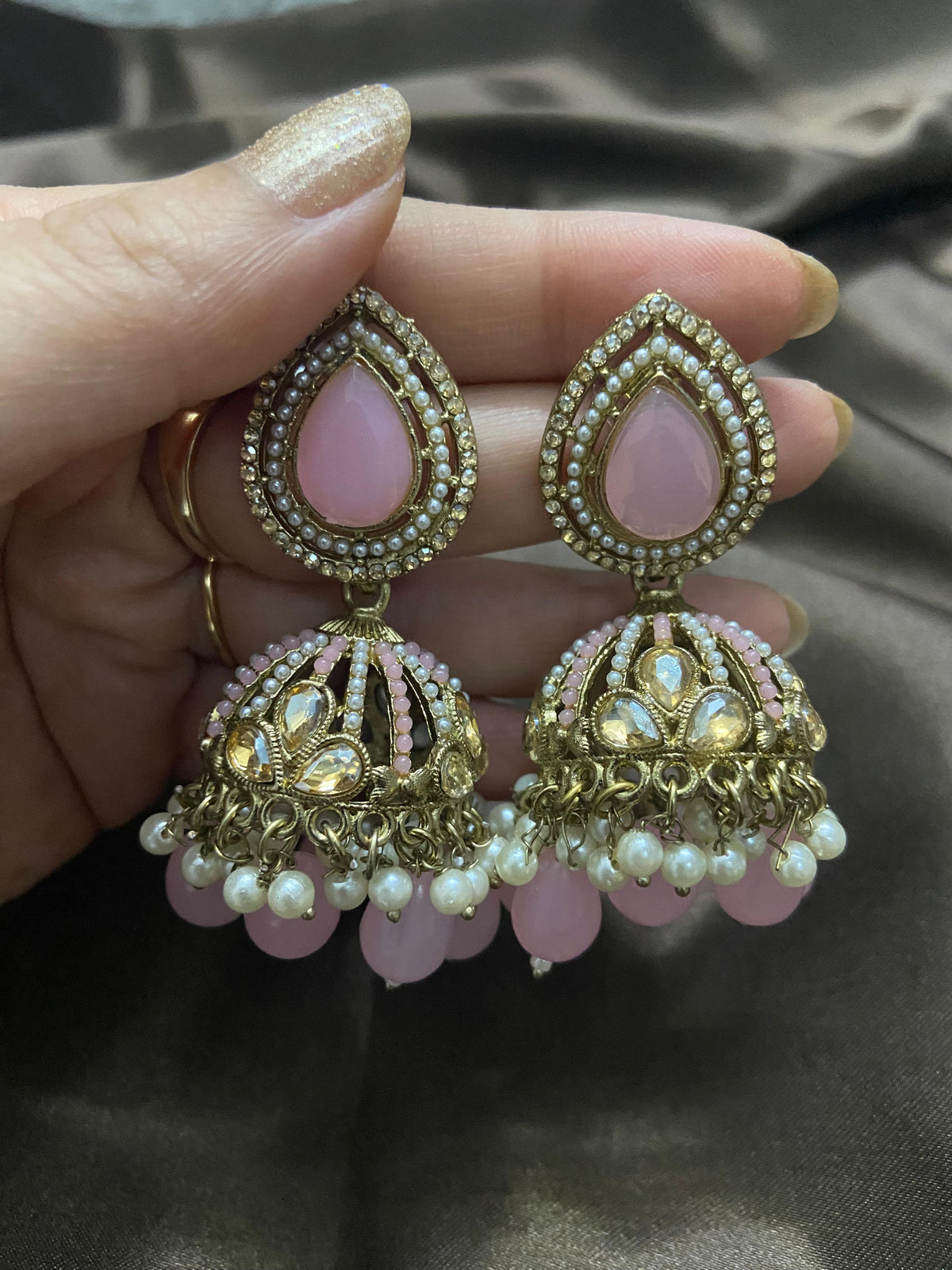 Pink Kundan Pearl Jhumka Earrings