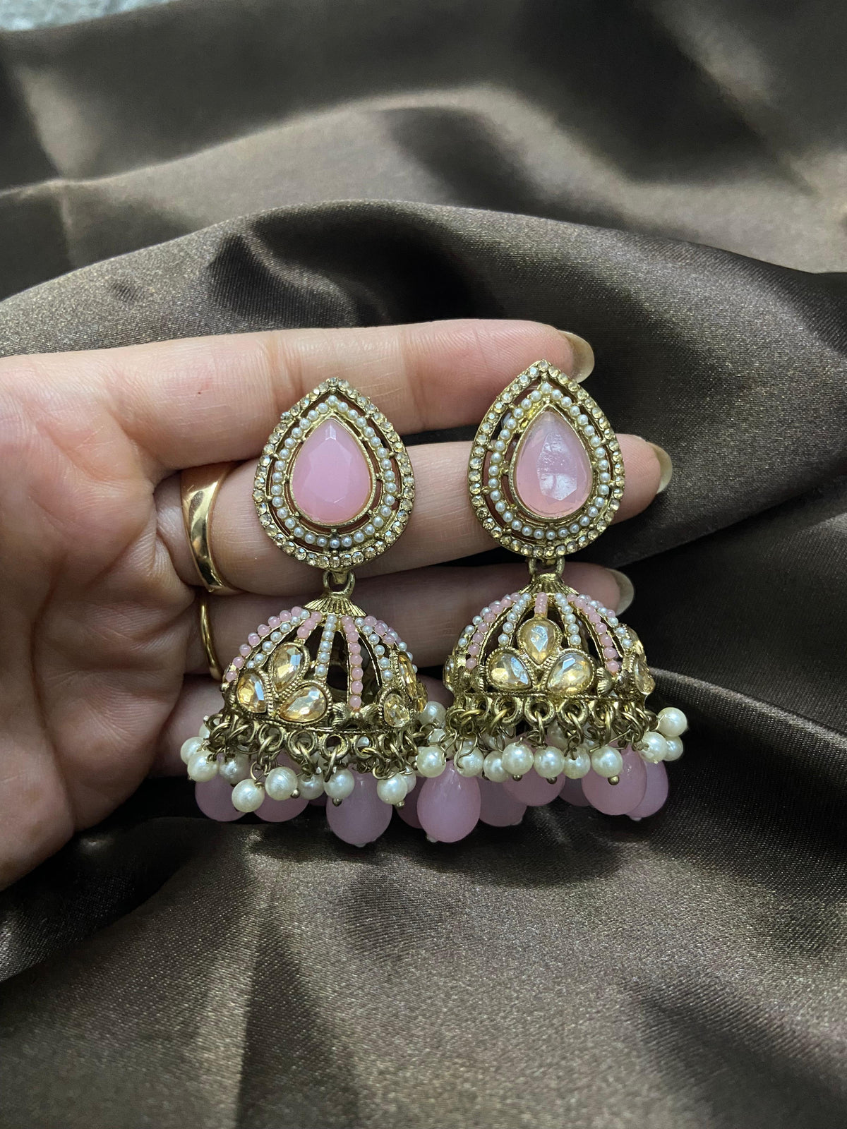 Pink Kundan Pearl Jhumka Earrings
