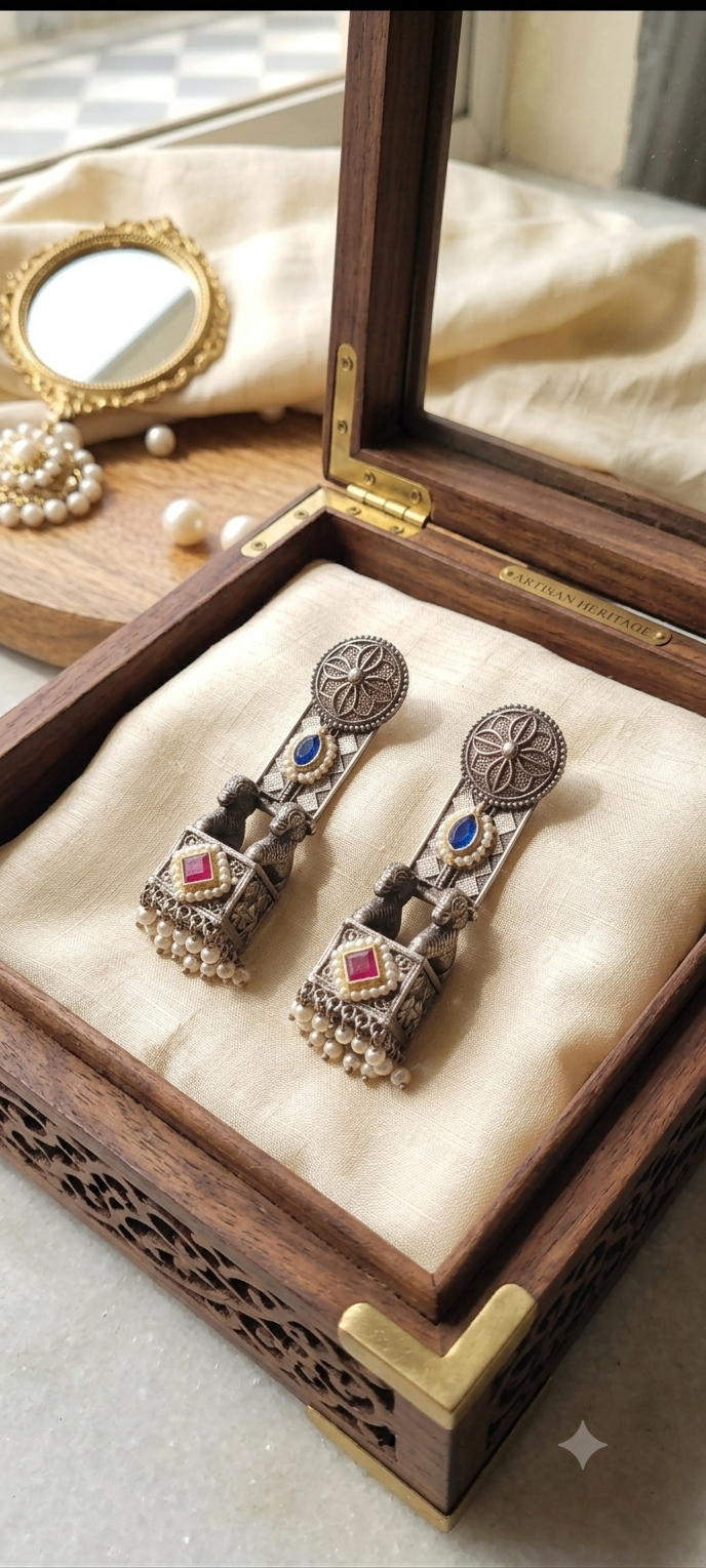 Kritnaari Handcrafted Antique Silver Earrings with Pearl & Stone Embellishments