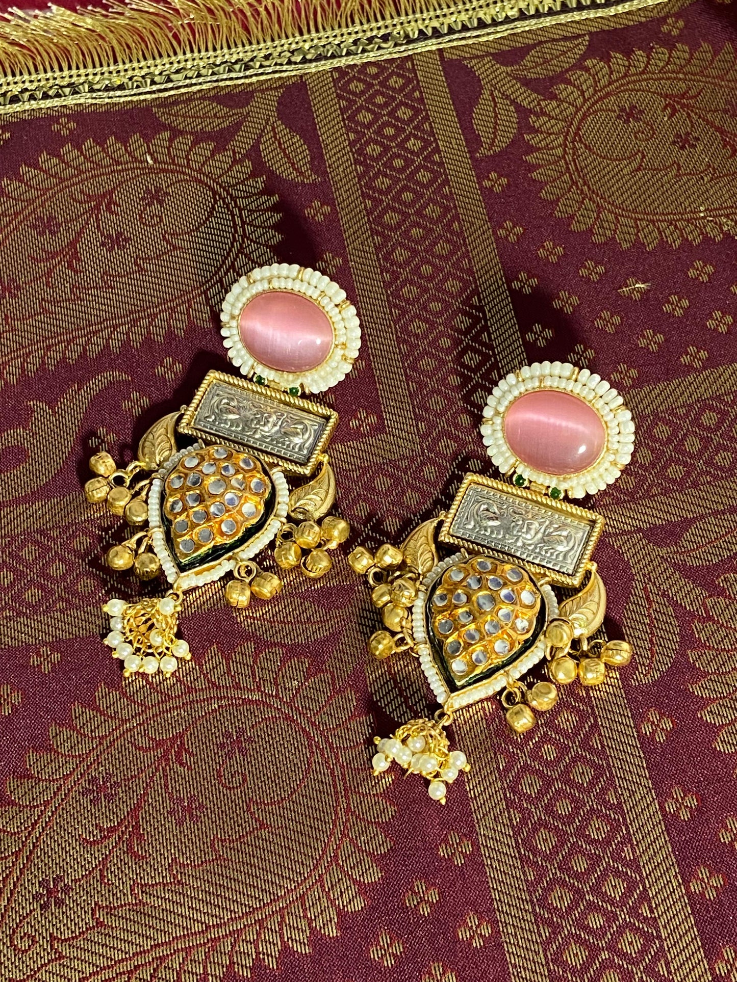 Pink Kundan Pearl Statement Earrings