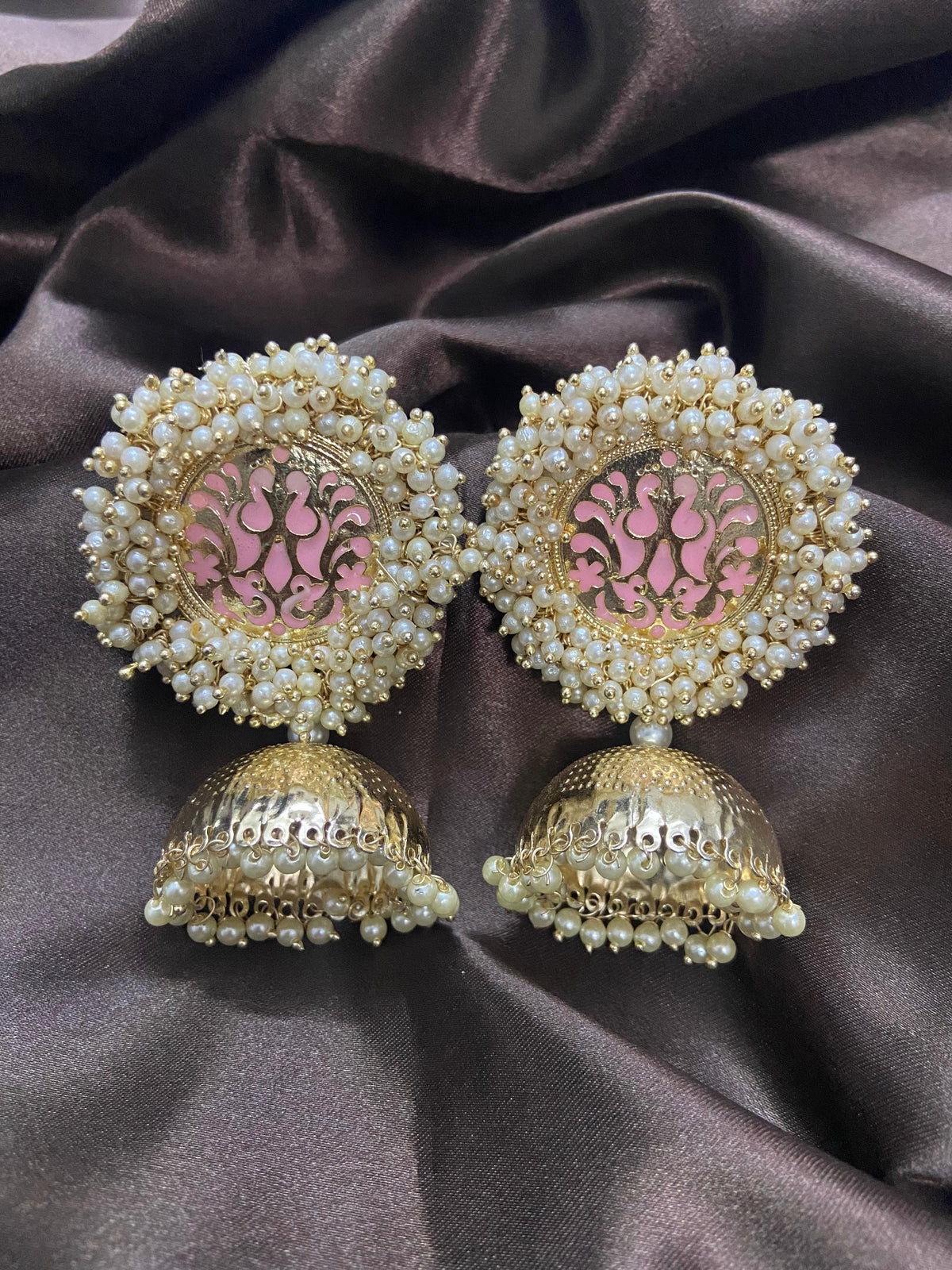 Pink Meenakari Pearl Jhumka Earrings