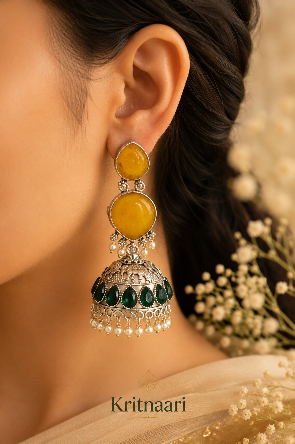Yellow & Green Stone Oxidised Jhumka Earrings