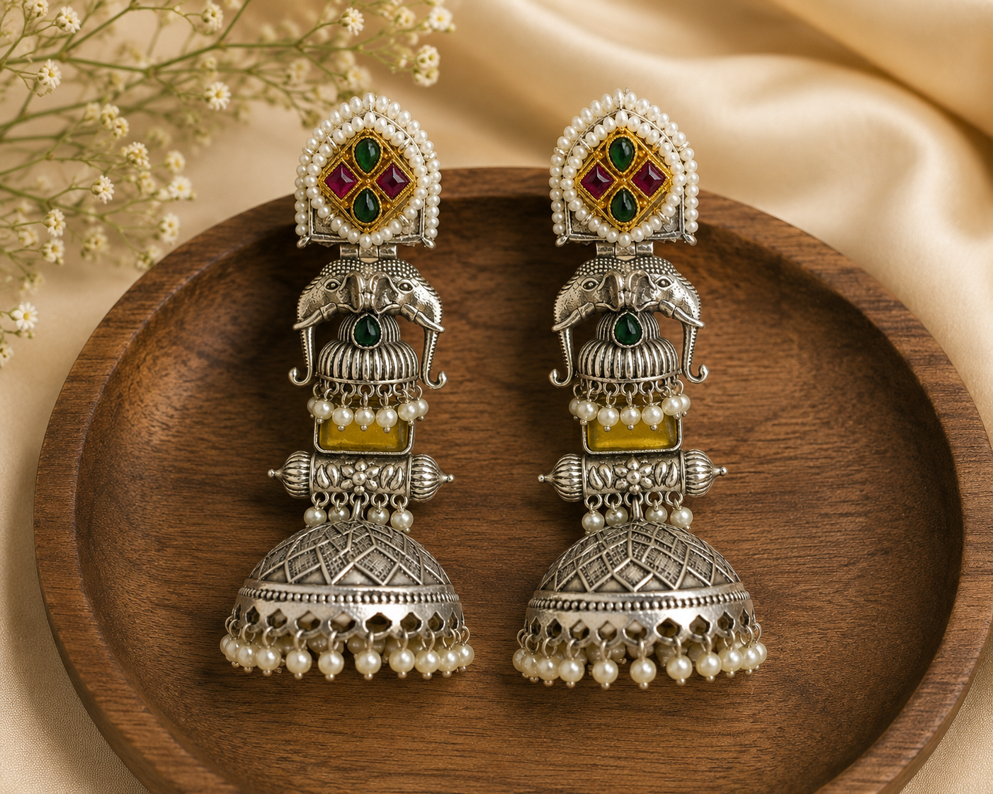 Elephant Heritage Oxidised Jhumka Earrings