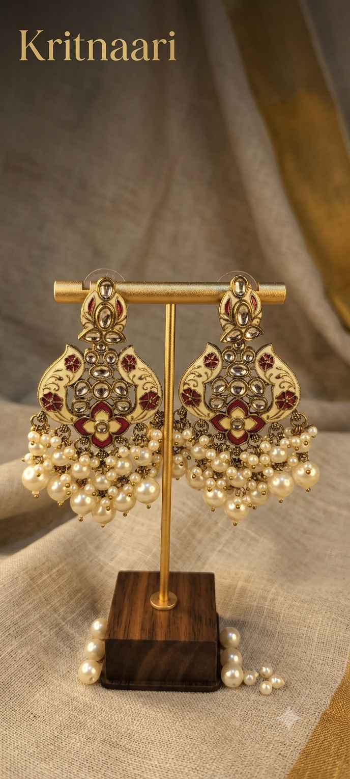 Kritnaari Handcrafted Cream & Crimson Meenakari Kundan Earrings with Pearl Clusters