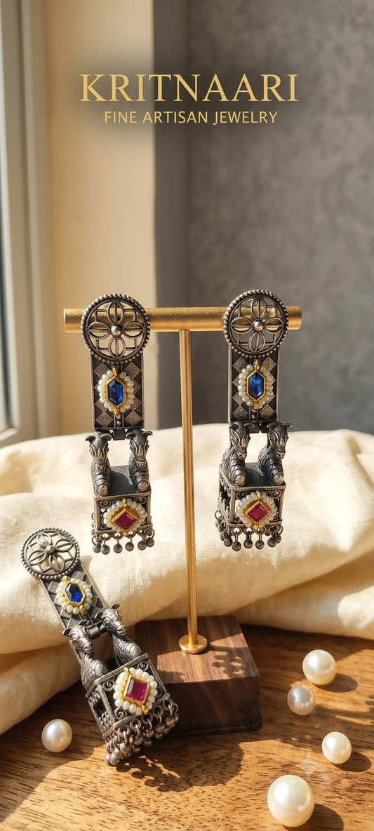 Kritnaari Handcrafted Antique Silver Earrings with Pearl & Stone Embellishments