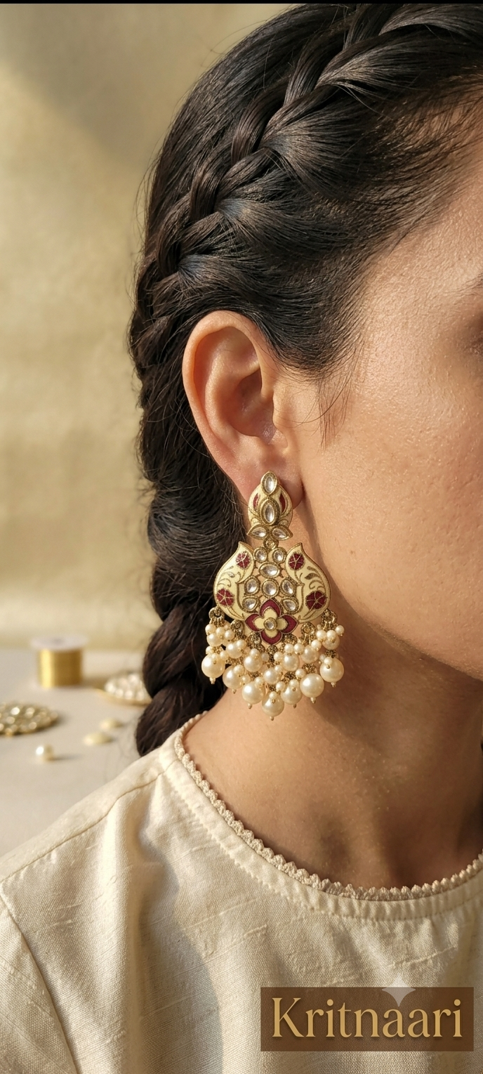 Kritnaari Handcrafted Cream & Crimson Meenakari Kundan Earrings with Pearl Clusters