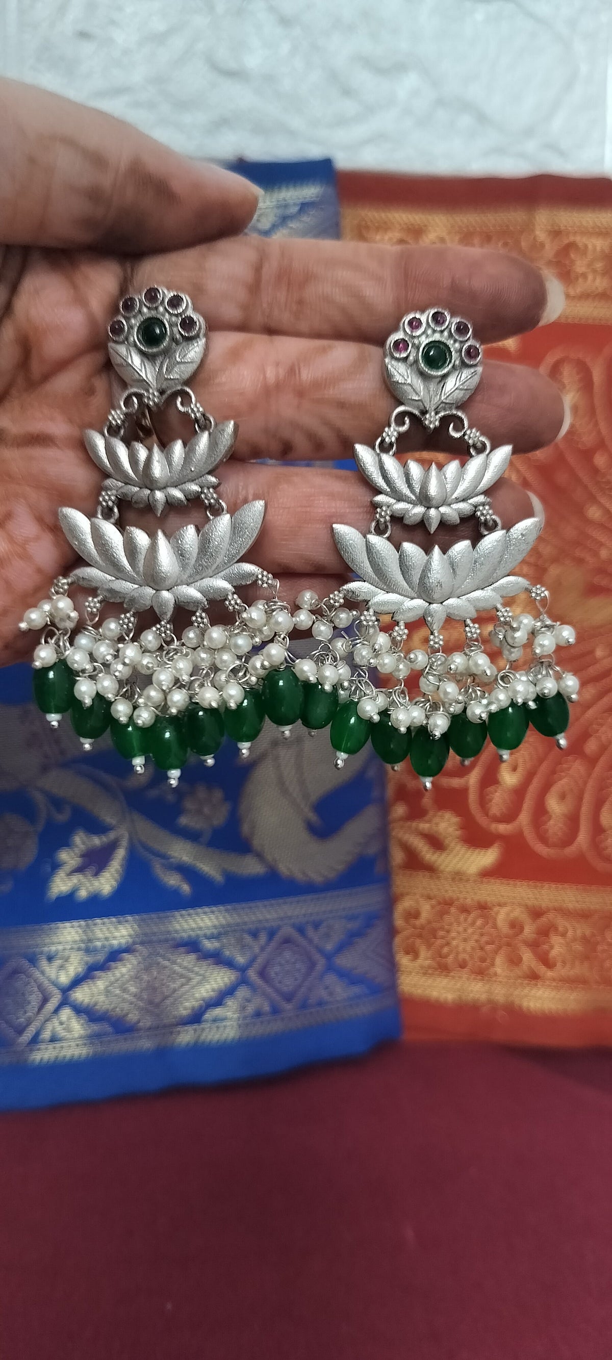 Oxidised Silver Lotus Earrings | Green Emerald & Pearl Drop Danglers